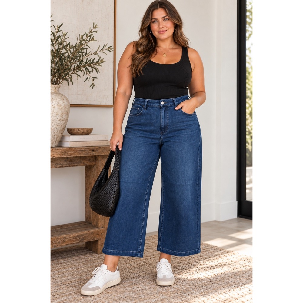 Paige Genesee Crop Wide Leg Jeans Dark Blue High Rise Denim Size 32